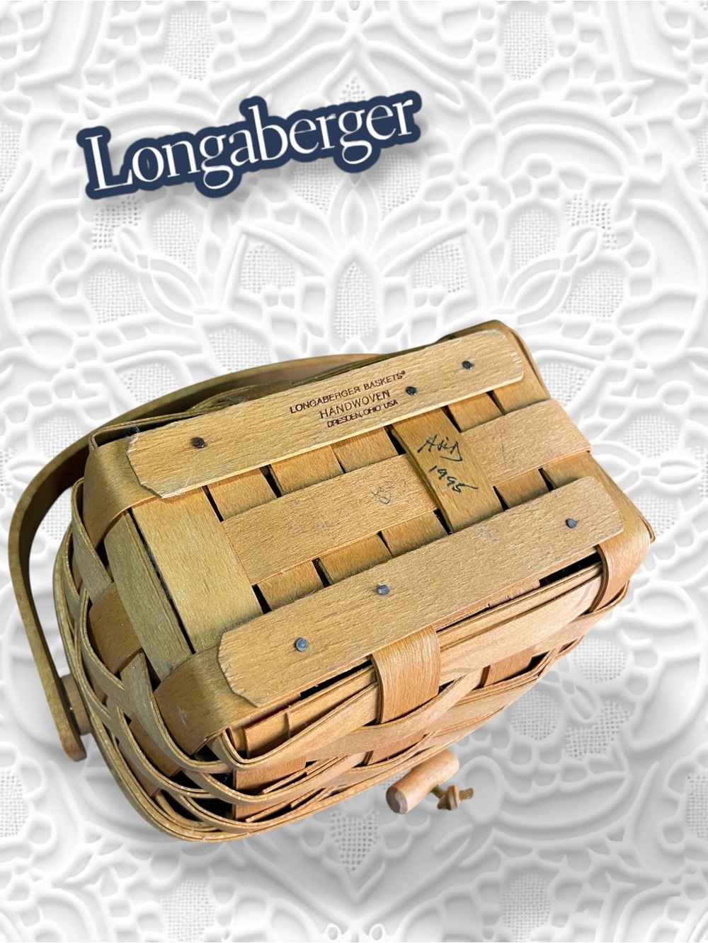 Vintage 1995 Longaberger Kiddie Basket Purse, Swing Handle & Leather Hinges - Picture 10 of 14